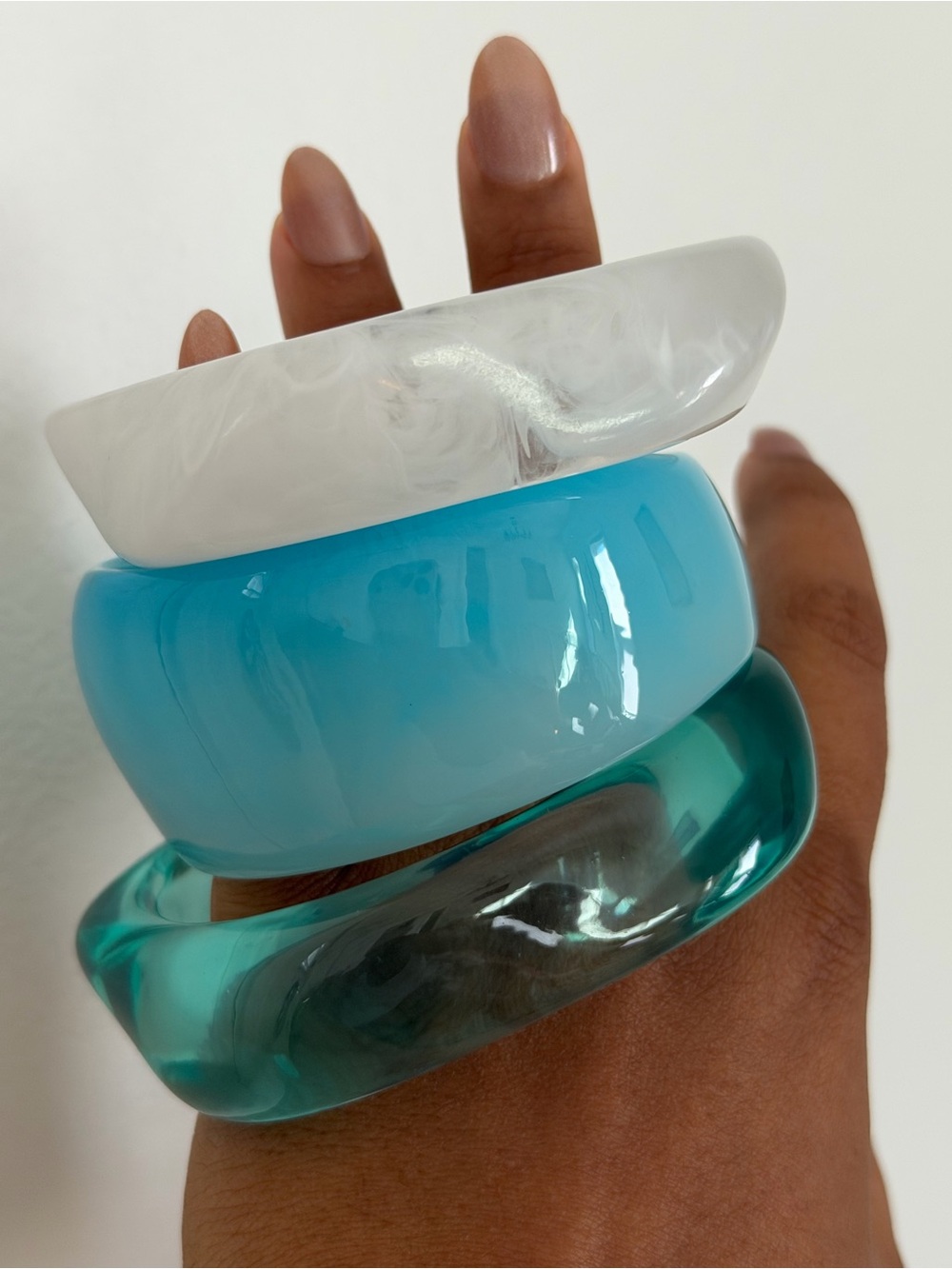 Stacked Resin Bangle Set - White, Light Blue, Teal - Women Jewelry
